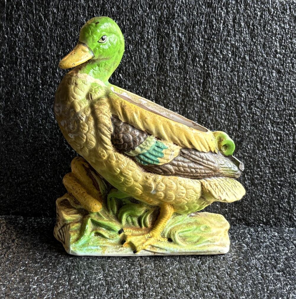 Vtg Royal Copley Mallard Duck Planter Retro Bird Hunting Cabin Floral Green Pink